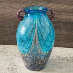 Dale Tiffany Favrile Milano Art Glass Amphora Aventurine Blue Copper Vase 8"